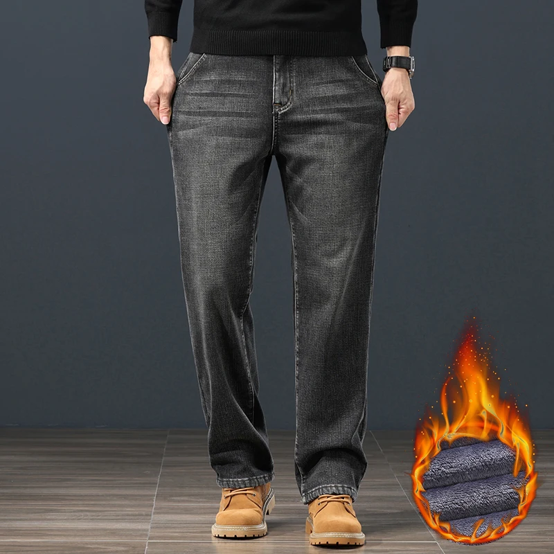 Winter Fleece Men Jeans Classic Loose Straight Warm Thicken Trousers Business Casual Velvet Elastic Denim Pants Plus Size 42 44 5