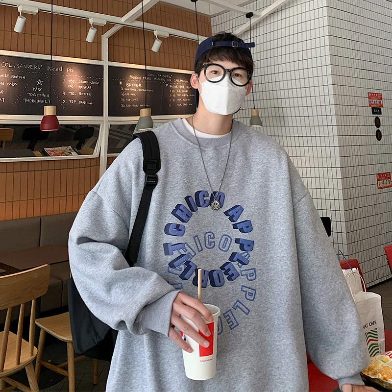 

New Men's Long Sleeve Round Neck Autumn and Winter Sweatshirt Foam Printing Trend Fashion Couple Casual Loose Top