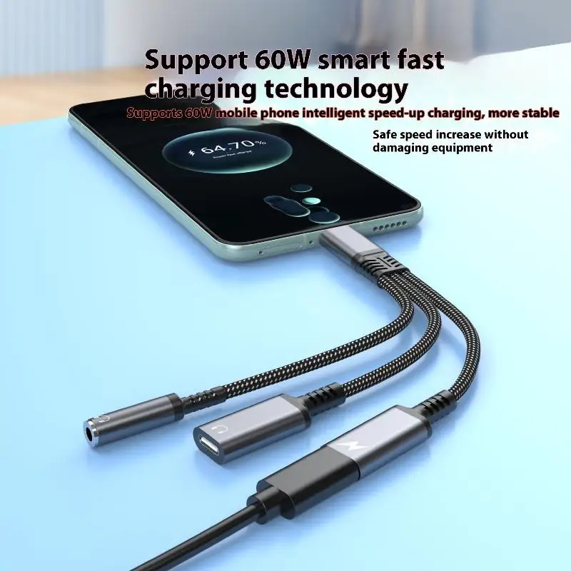 새로운 1PC 헤드폰 어댑터 3 in 1 PD 60W 고속 충전 어댑터 (Phone16 15용) 타입 C - 듀얼 타입 C/3.5mm 잭 오디오 어댑터 케이블