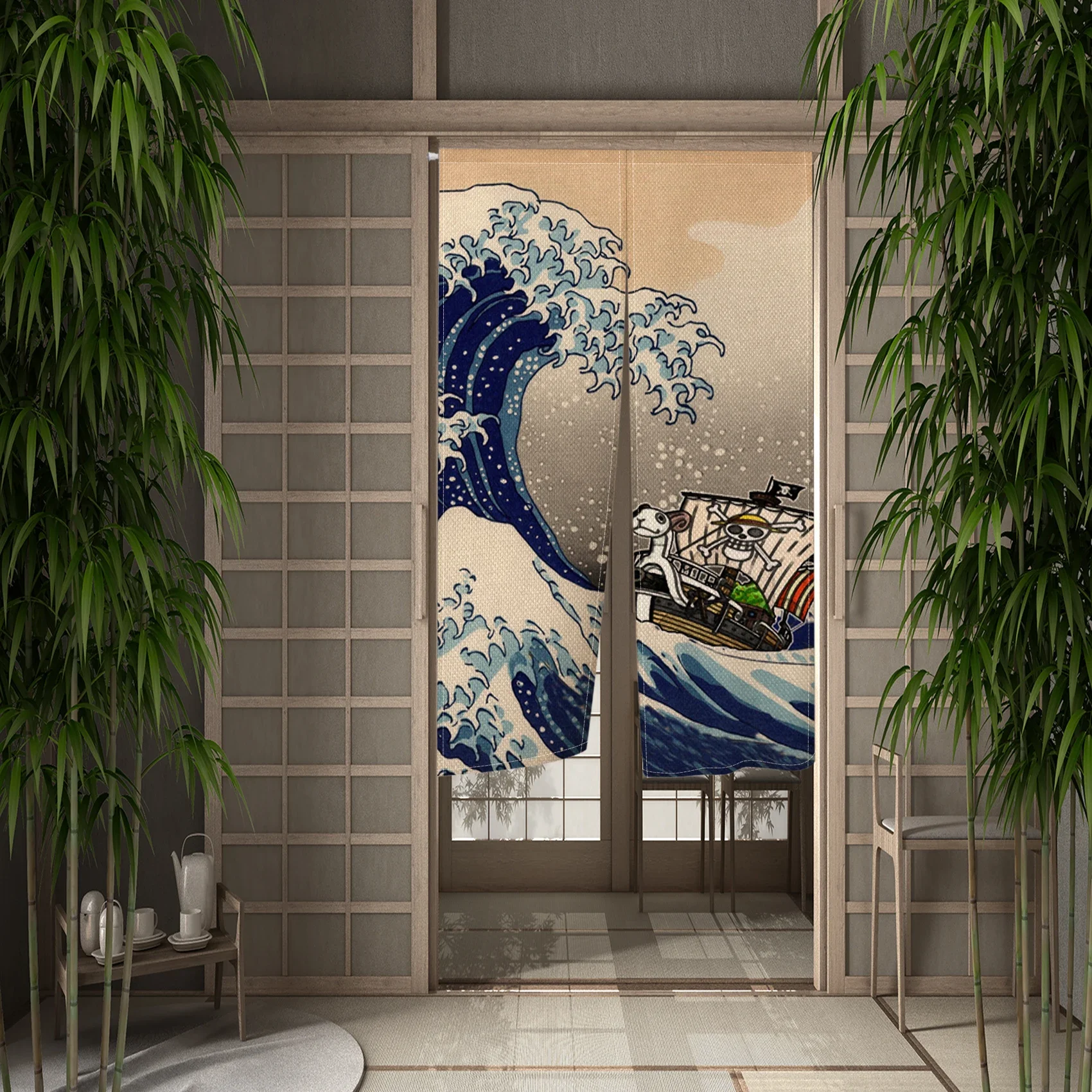 Japanese Cherry Blossom Carp Streamer Corrugated Linen Door Curtain Restaurant Kitchen Partition Customizable Blackout Curtain 2