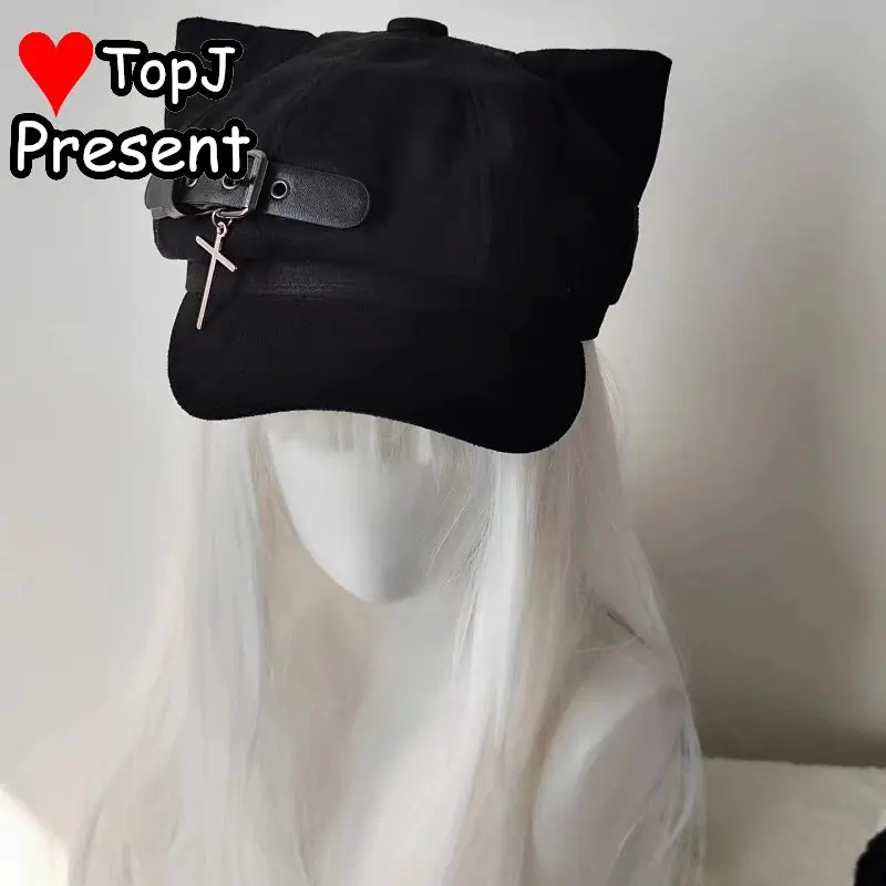 펑크 서브컬쳐 팔각형 모자 고양이 귀 십자가 가죽 버클 남녀공용 다용도 베레모 화가 모자 고스 Y2K 하라주쿠 캡