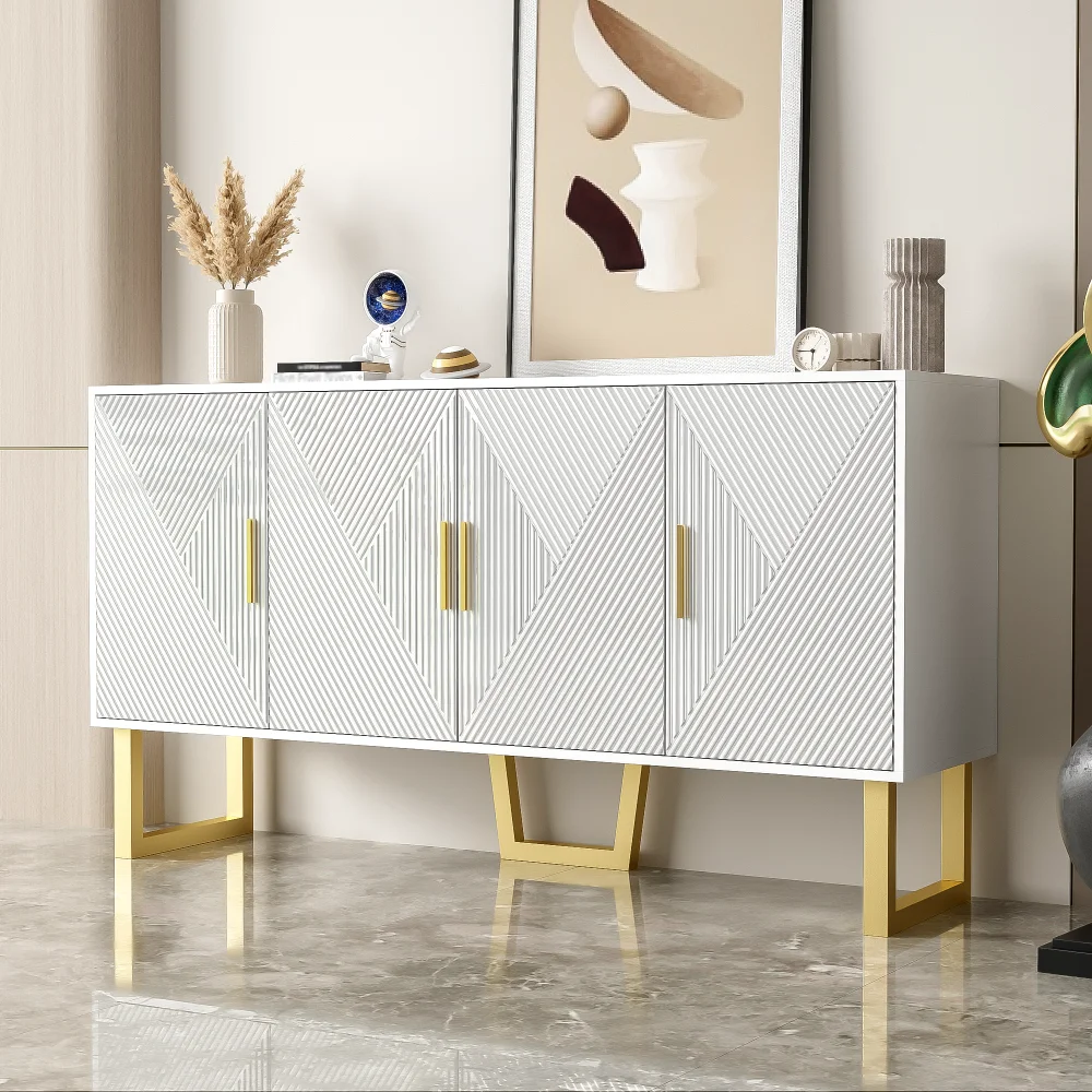 150 cm großes luxuriöses weißes Sideboard mit hochglänzenden strukturierten Türen und goldenen Griffen, 4-türiges Design, höhenverstellbare Regale – Detail 6