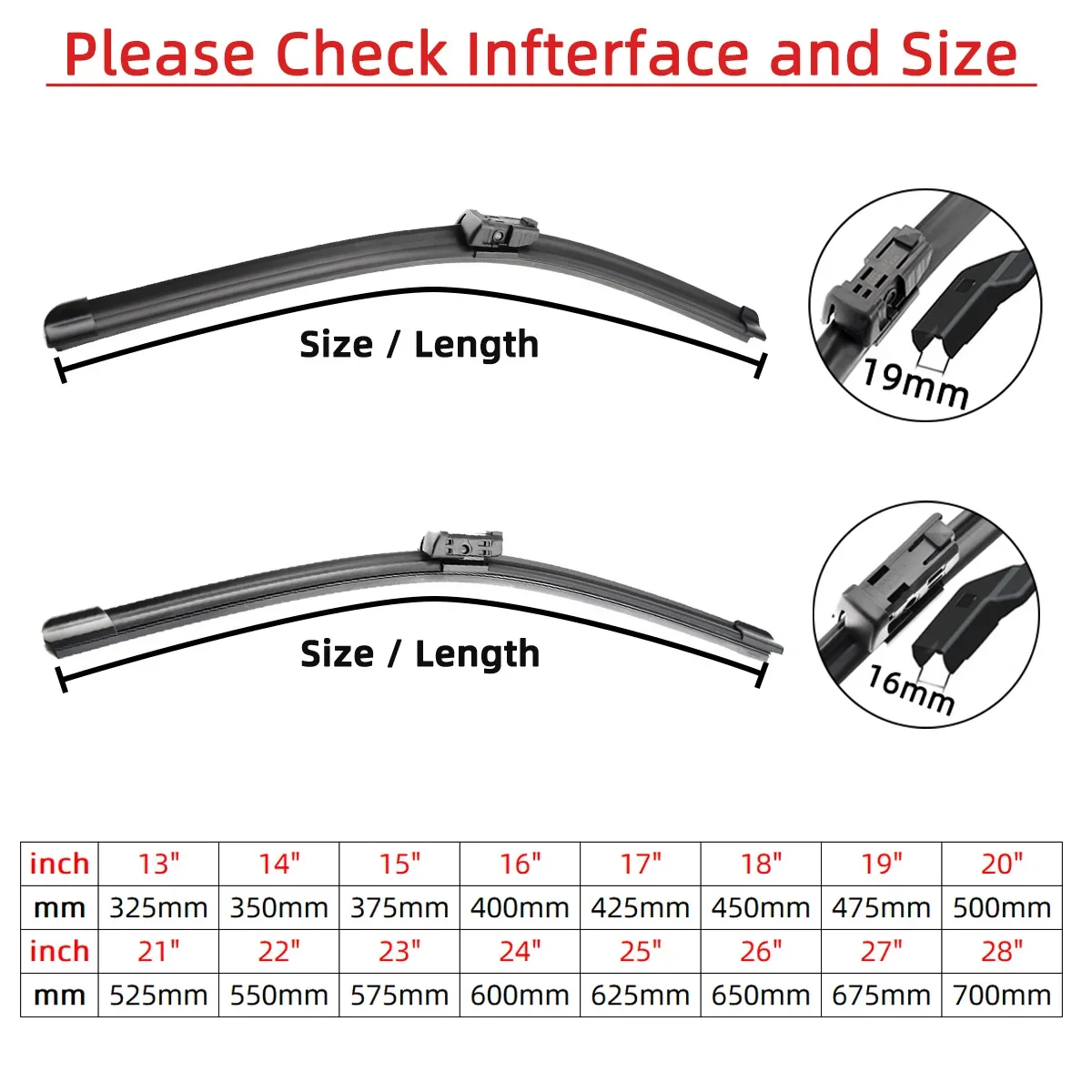 Car Wiper For Top Lock Push Buttom Arm Windshield Wipers Blades Universal Soft Rubber Frameless Bracketless 13" to 28" 24" 26" 2