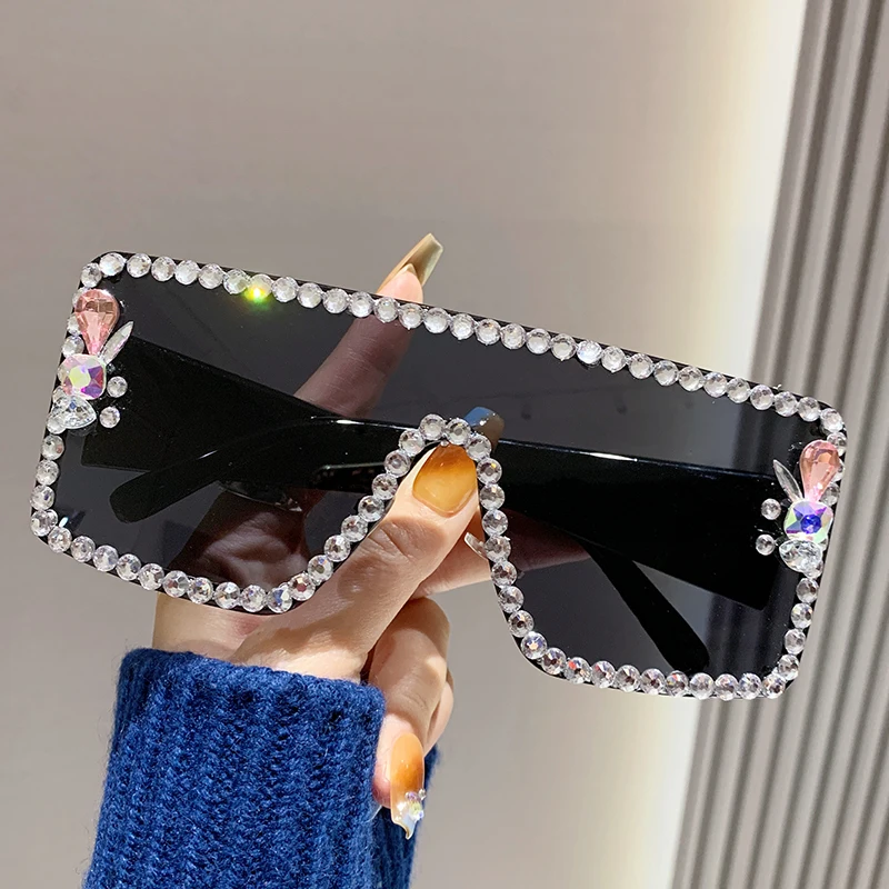 2025 Large Frame Diamond-set Sunglasses Women's Anti-ultraviolet Glasses One-piece Sunglasses Rhinestone Glasses - Image 2