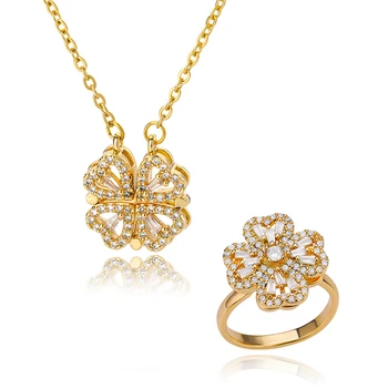 여성용 행운의 네잎 클로버 쥬얼리 세트, 하트 스테인레스 스틸 체인 목걸이 링, 조절 가능한 아니일로, 미적 칼라