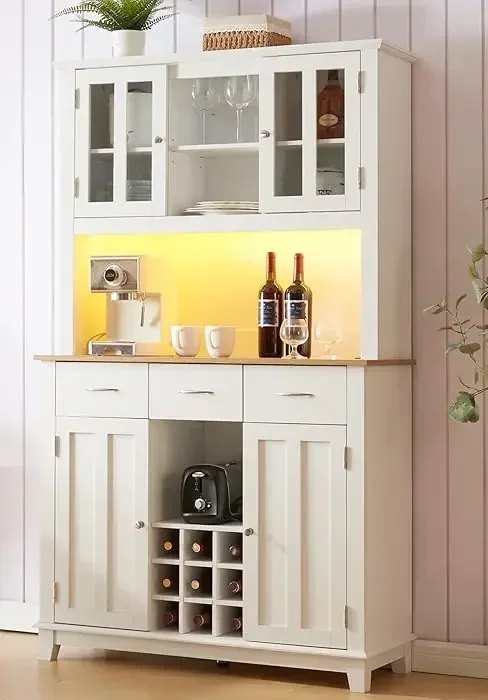 Coffee Bar Cabinet with LED Lights and Outlet