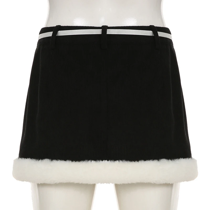y2k Skirt Women Aesthetic Clothes Contrast Color Tie-up Low Waist Furry Patchwork Short Mini Skirt 2000s Streetwear