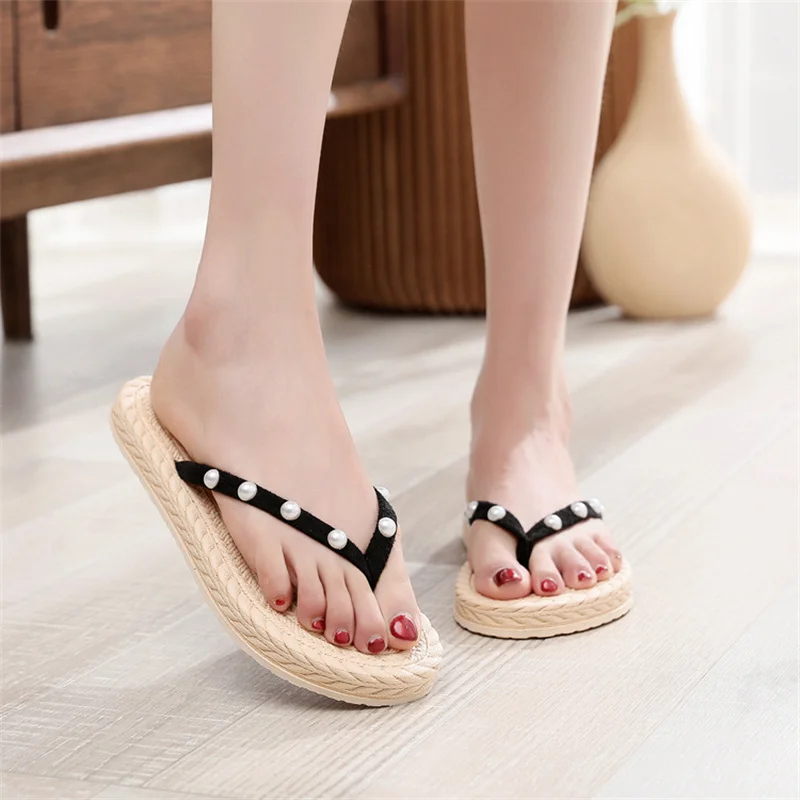 Imitazione Paglia Tessitura Tacco Basso Moda Donna Pantofole Zeppe Sandali Pantofola Da Spiaggia Abbigliamento Sportivo All'Aperto Infradito Estivo Ne