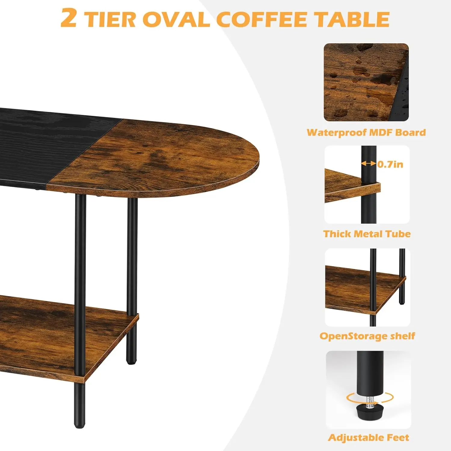 Small Round Coffee Tables for Small Space Farmhouse Oval Coffee Table with 2-Tier Storage Shelf Circle Center Tea Table 4