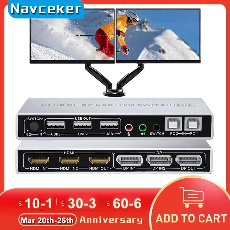 HDMI DisplayPort KVM Switch Dual Monitor 4K 60Hz 2x2 entradas mixtas DP