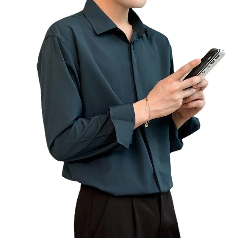 Korean Men Clothing Drape Shirts for Men Solid Color Lapel Long Sleeve Ice Silk Business Casual Buttons Silk Shirt