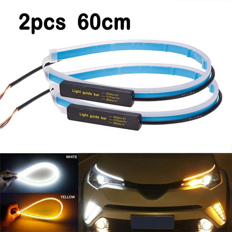 자동차 LED DRL 주간 주행등, 30/45/60cm, 플로우 런 헤드 라이트, LED 스트립 브레이크 방향 지시등, 터닝 가이드 라이트 바, 2 개