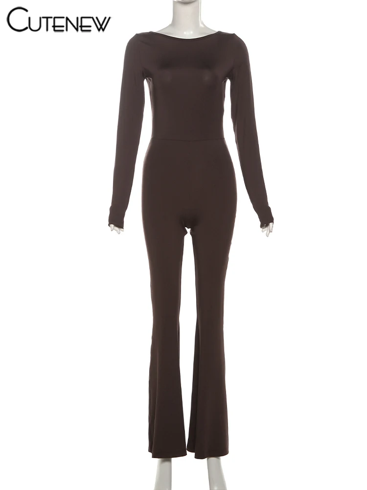 Casual Street Women Jumpsuits Trend Back Hollow Full Sleeve Stretch Skinny Flare Overalls Mujer Classic Go Out One Piece