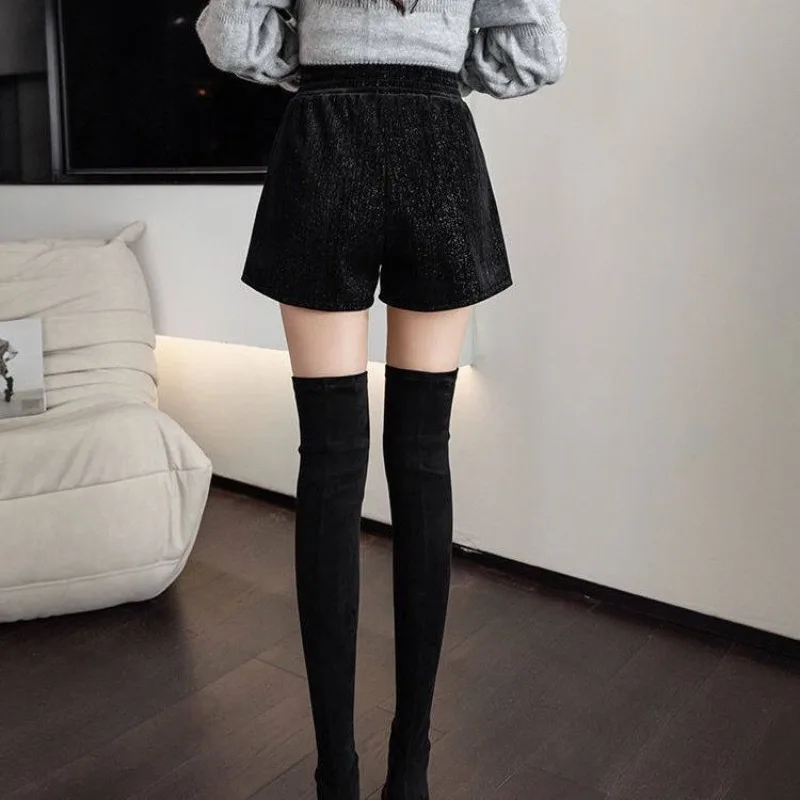 Women's High Waist Solid Bright Silk Diamonds Wide Leg Pants 2023 Autumn and Winter Fashion Loose Pocket Elastic Waist Shorts