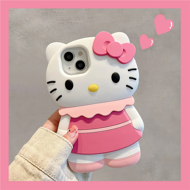 

original Sanrio 3D Stereoscopic Hello Kitty Cases For iPhone 15 14 13 12 11 Pro Max Plus Cartoon Soft Shockproof Back Cover Y2K