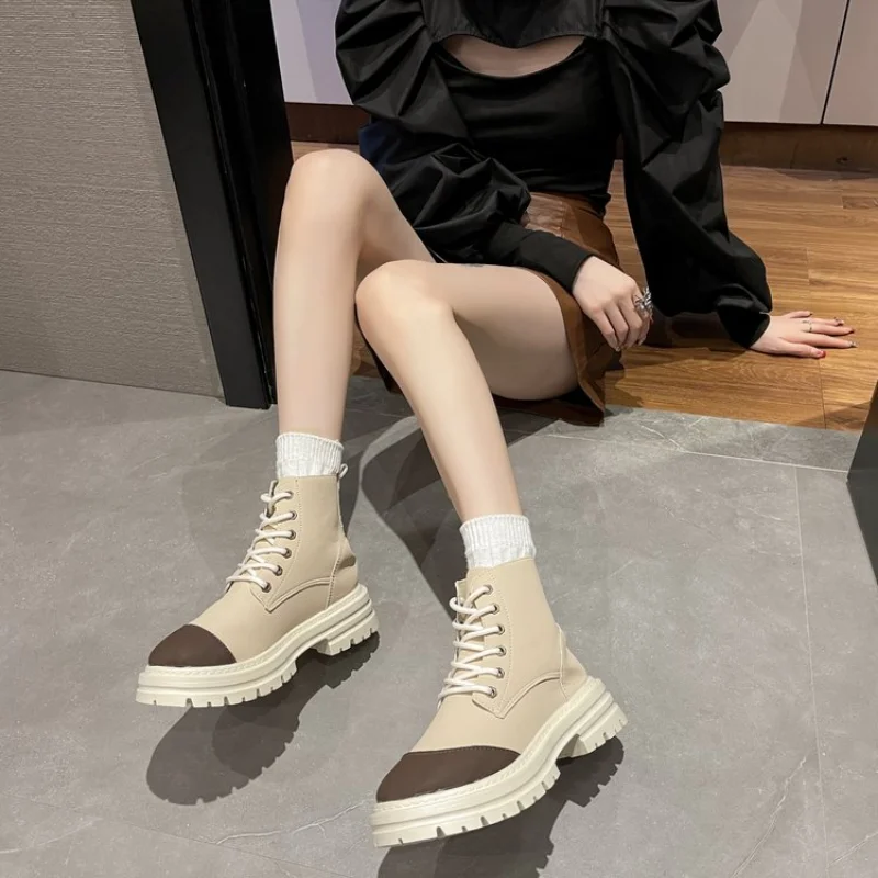 

2022 New Women Ankle Boots Autumn Winter Boots Woman Fashion Mixed Colors Lace-up Zipper Botas Mujer Platform Heel Ladies Shoes