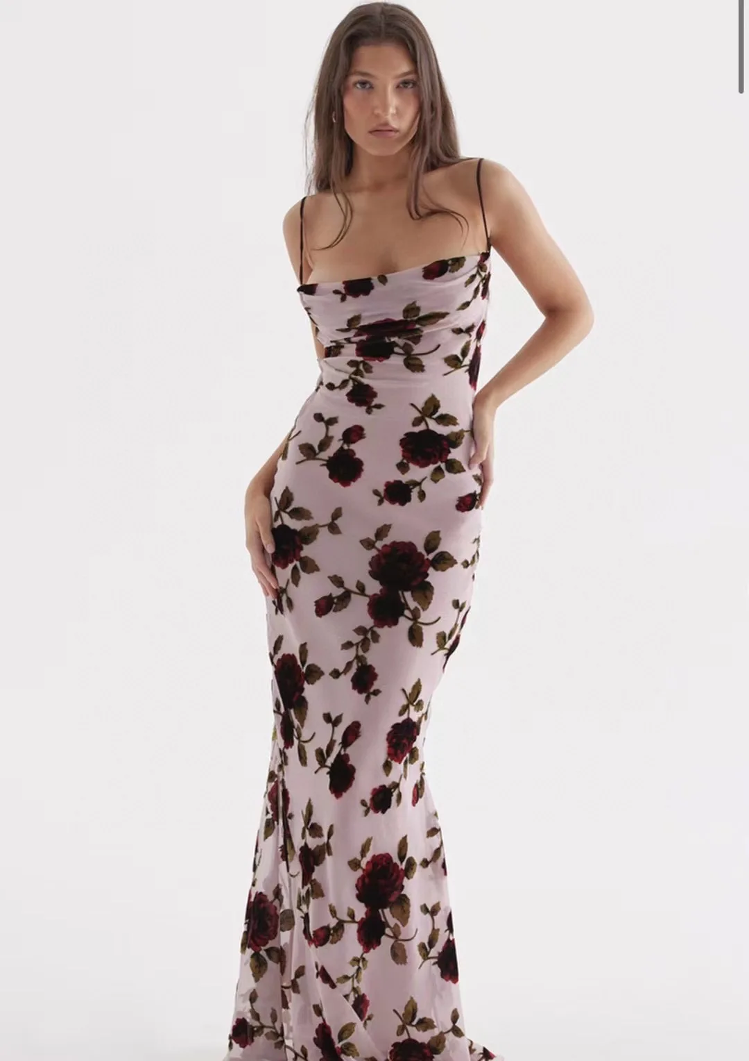 

Women Sexy Backless Lace-up Rose Flower Printed Strapless Maxi Long Holiday Dress