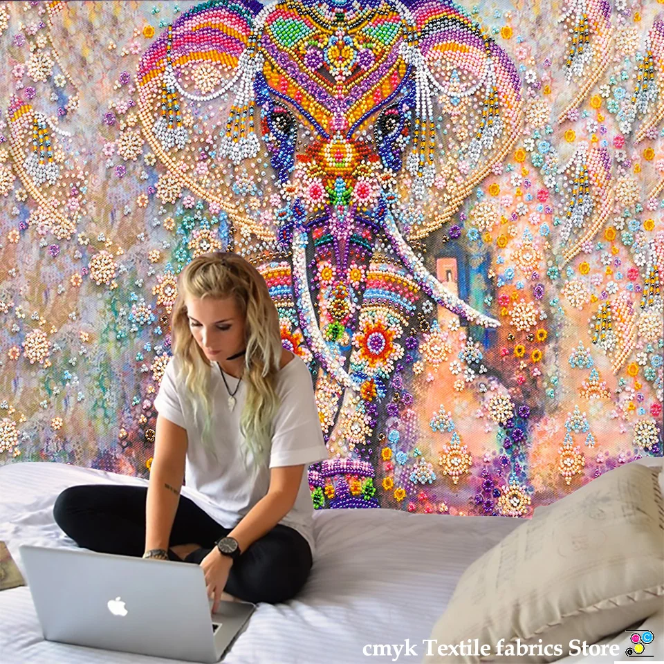 Boho Colorful Pearl Elephant Tapestry 3D Mosaic Style Hippie Wall Tapestries Mandala Fabric Mat Living Room Decor |