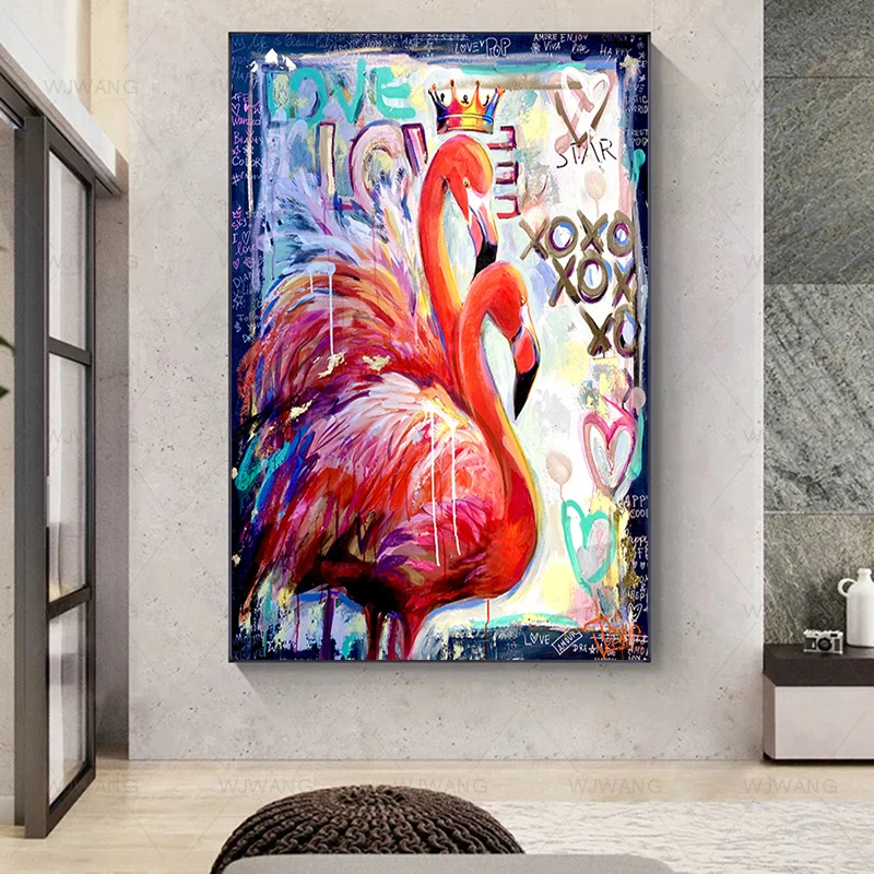 

Flamingo Crown Graffiti Art Canvas Painting Street Wall Art Animal Posters and Prints for Kids Room Home Decoration Wall Picture
