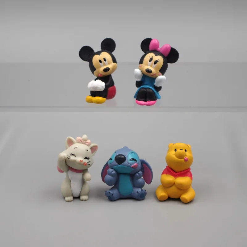 3Cm 5 Pz/Lotto Disney Cartoon Mickey Mouse Minnie Winnie Pooh Marie Cat Stitch Action Figure Toys Cake Decoration Gift Girl