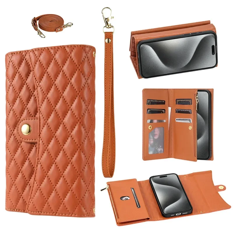 Versatile Crossbody Lanyard Leather Zipper Wallet Phone Case with Wrist Rope Cover
