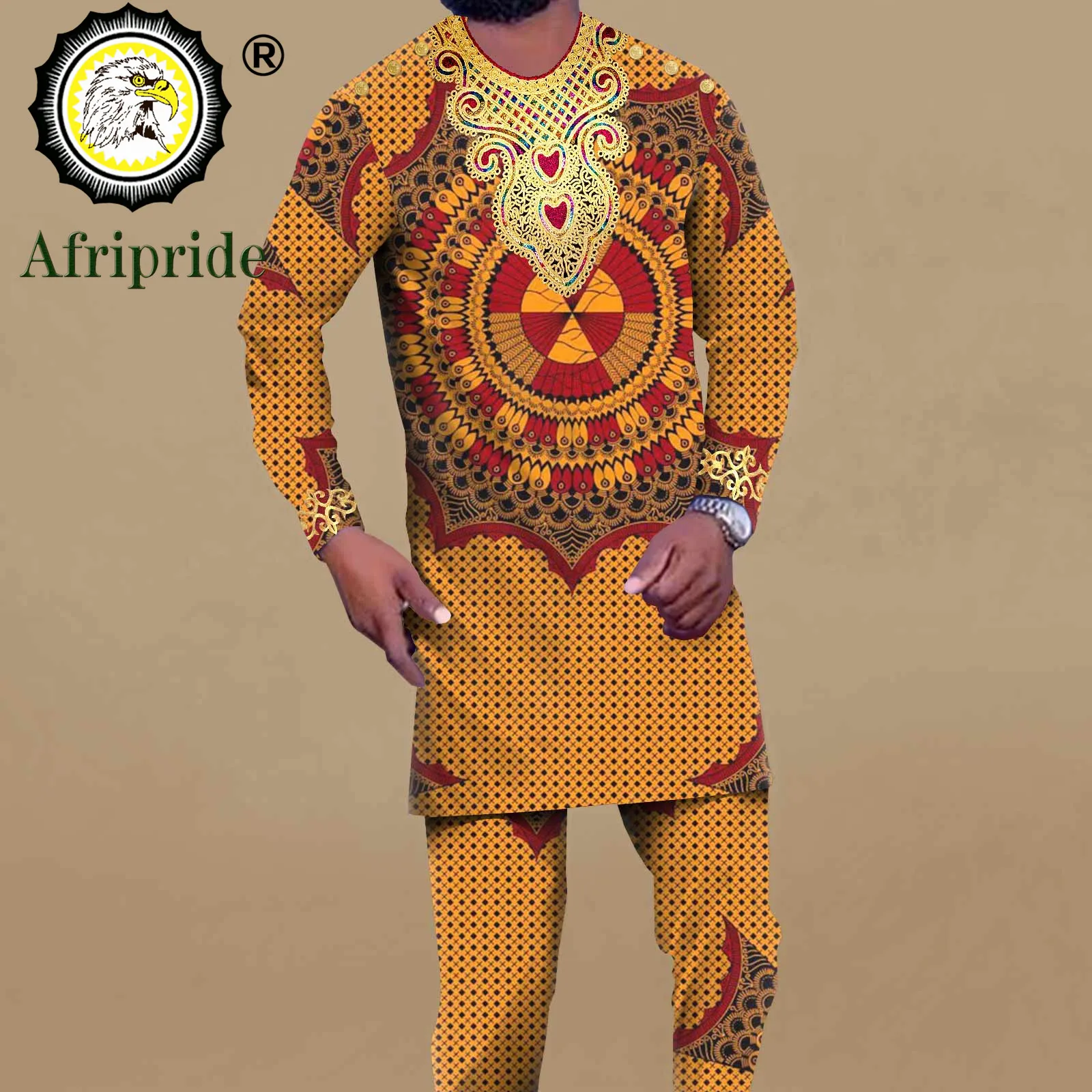 African Men Clothing Embroidery Print Shirts and Pants 2 Piece Set Dashiki Outfits Tribal Attire Kaftan Wedding Suit A2216022