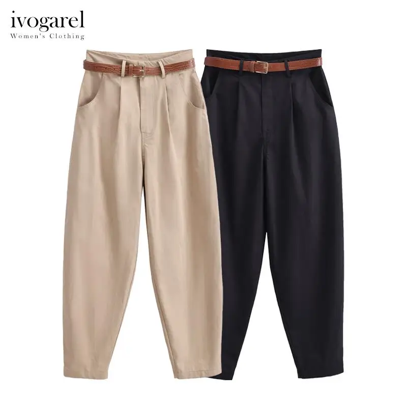 

Ivogarel Belted Chino Trousers Women's High-waist Pants Elegant Female Autumn Trousers with Front Pockets Casual Fall Outfits