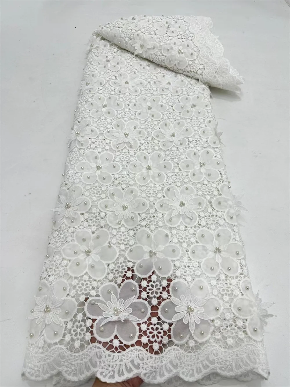 

Nigerian White Lace Fabric 2023 Pearl Lace Fabrics 3D Embroidered Tulle Fabric 5 Yard Lace Trim Wedding Dresses For Woman Wp26-1