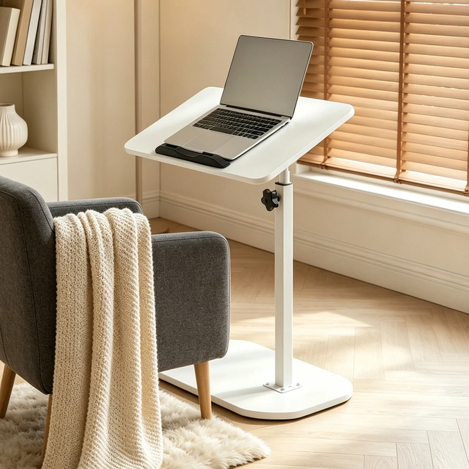 Voltsify Height Adjustable C-Shaped Overbed Table, Tiltable MDF Top White Iron Frame Bedside Laptop Desk