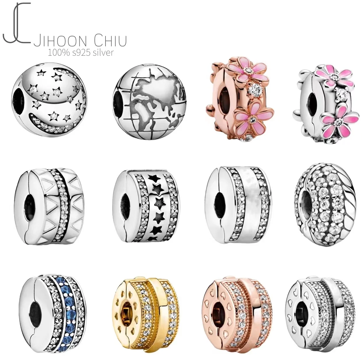 

S925 Silver Reflections Clip Beads Charms Round Crystal Crown Heart moon clover moon Beads Fit Original Pando Women Bracelet