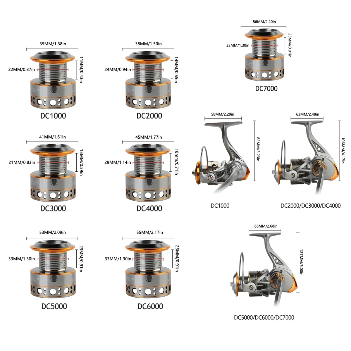 Moulinet spinning série DC 1000-7000 ratio 5.2:1 frein 26lb bobine CNC métal eau douce mer