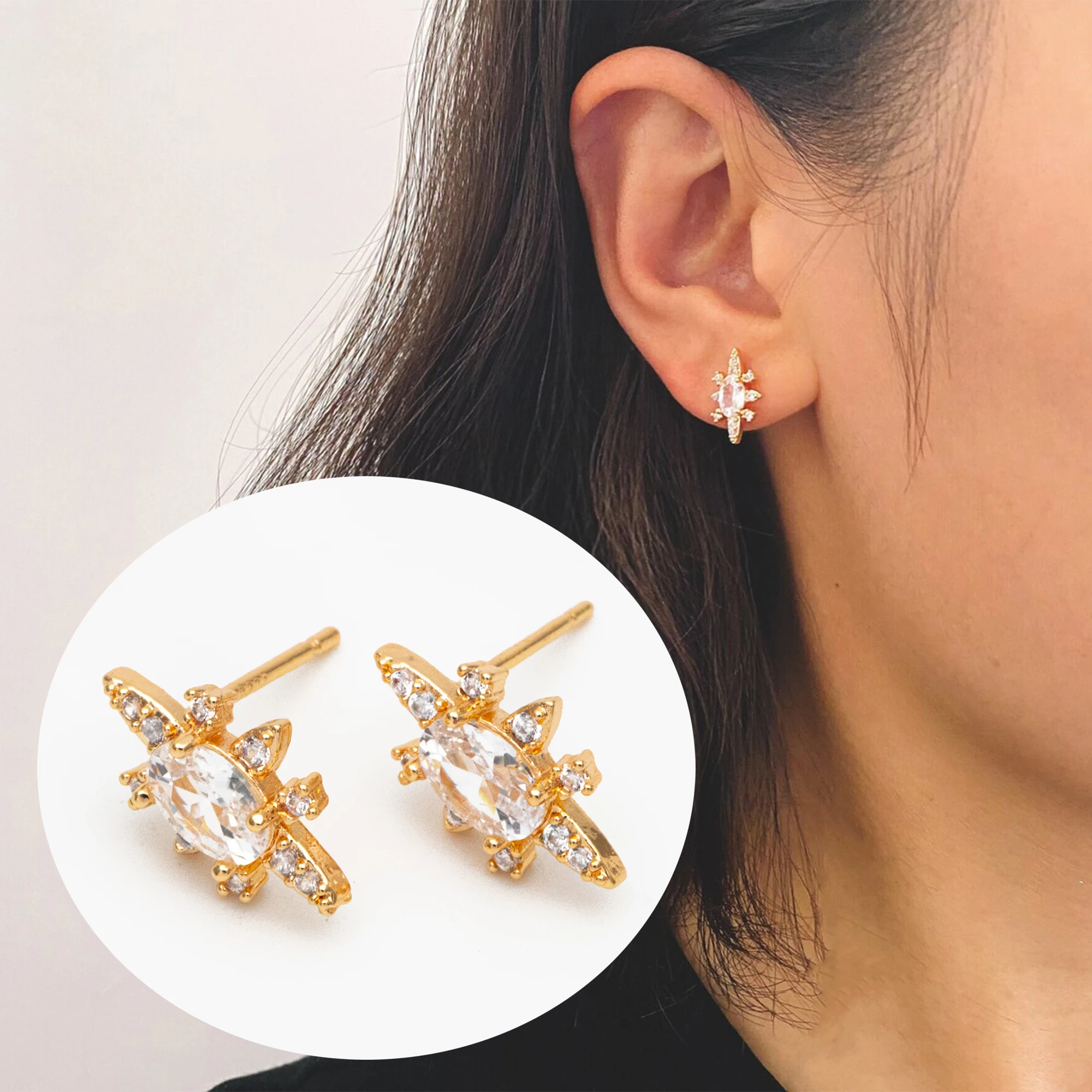 

4pcs CZ Pave Oval Ear Posts, Gold Plated Brass, Dainty Stud Earrings, For Jewelry Making Diy Material Accessories (#GB-3829)