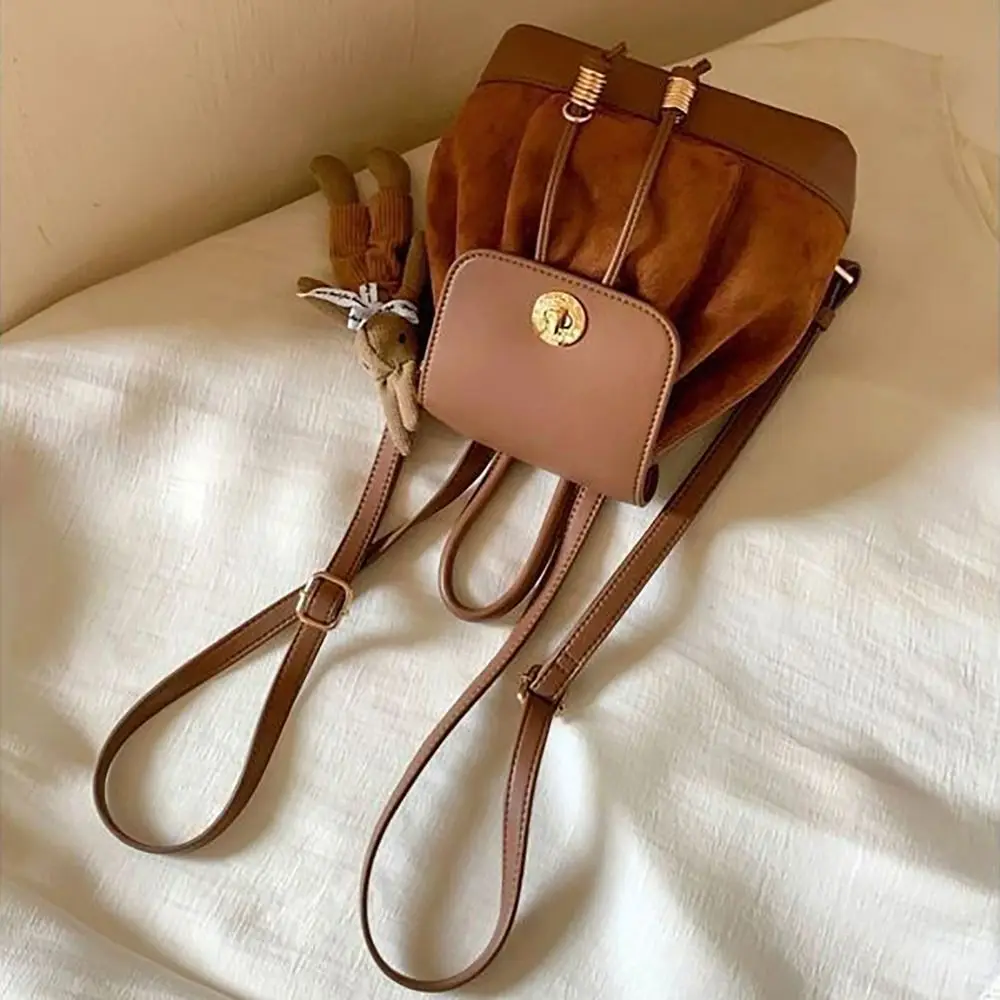 Drawstring Backpack Versatile Korean Style with Pendant Bucket Bag PU Leather Shoulders Bag College Student 4