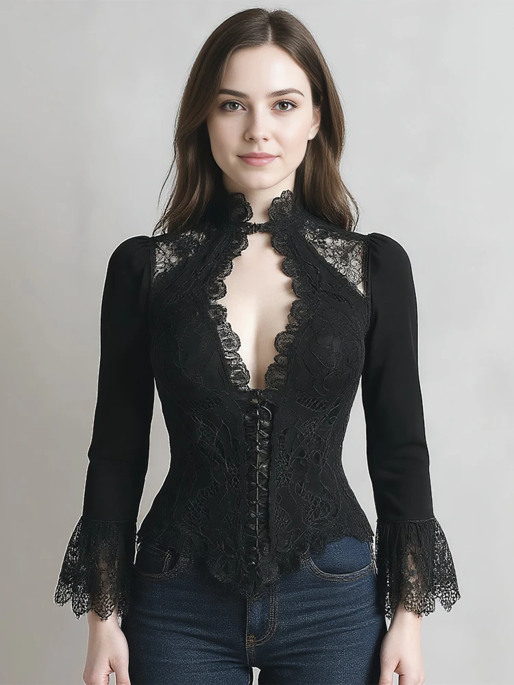 Women's Lace Trim Blouse Tops Stand Collar Hollow Out Asymmetric Hem Flare Sleeve Sexy V-neck Gothic Punk Retro Slim Blouse Top S51dcda1aa7c244c9b3626d5208a2507bU