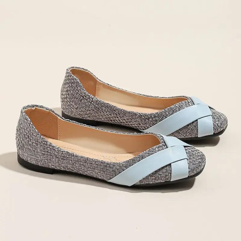 2024 Four Seasons New Soft Sole Soft Leather Splicing Square Head Breathable Elegant Ladies Shallow Mouth Casual Flat Shoes
