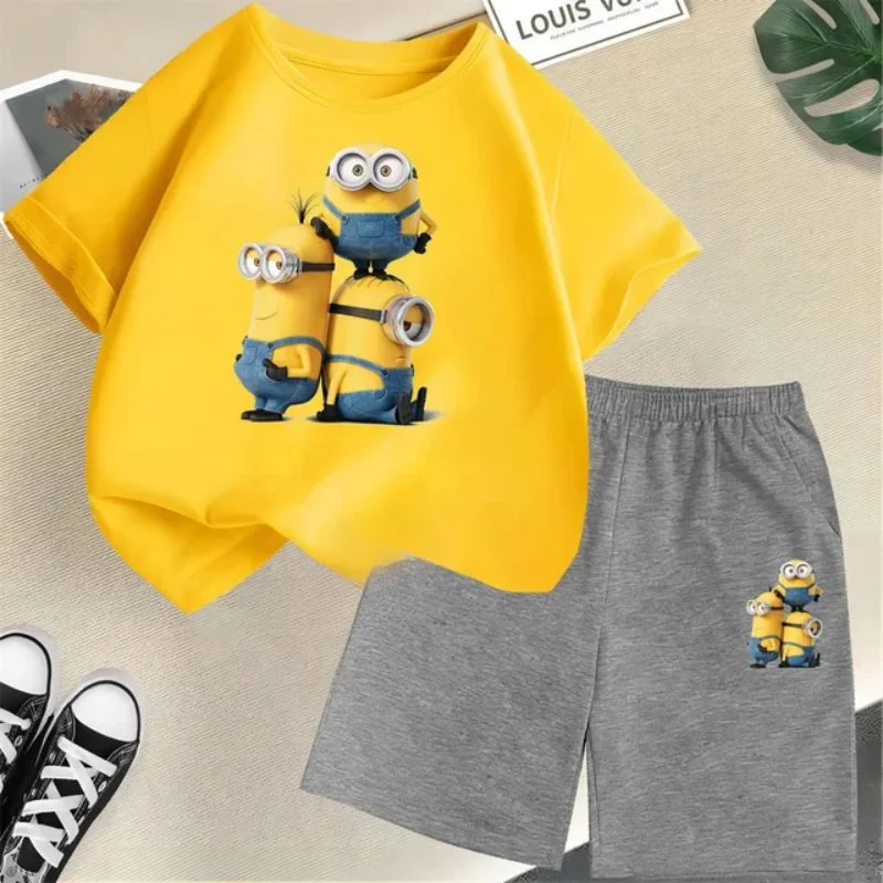 thumbnail image 1 of Conjunto de camiseta y pantalones cortos de dibujos animados de Minions Despicable Me para niños y adolescentes de verano de 2024, ropa para niños y niñas, camiseta de manga corta, traje de moda, 1 of 5