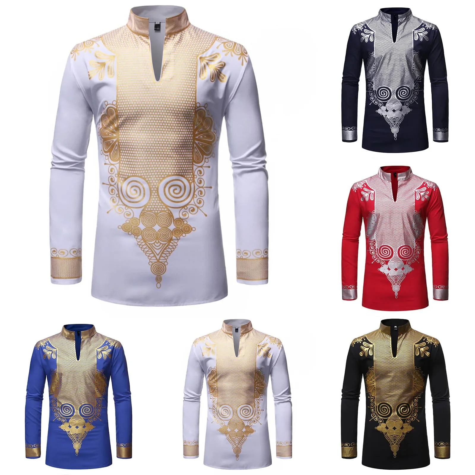 Men'S Shirts Mens Stand Pullover Shirt Mens African Turkish Chieftain Print Robe Shirt Mens Tshirt Harajuku