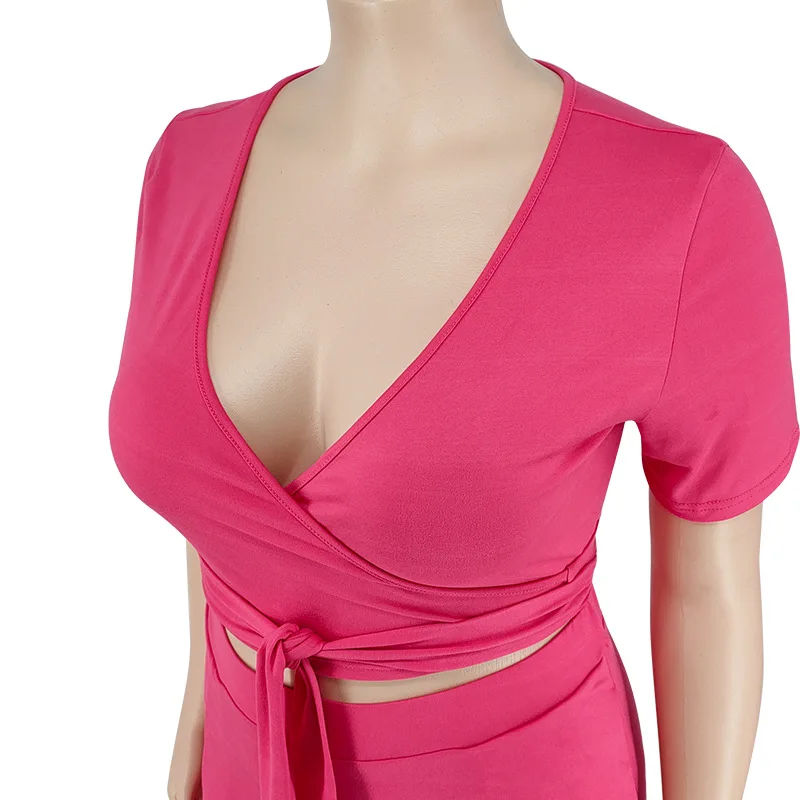 Wmstar Plus Size Pants Sets Two Piece Outfits Summer Holiday Solid Bandage Top Wide Leg New Matching Suit Wholesale Dropshipping