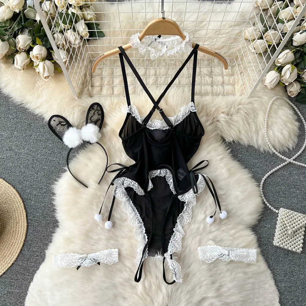 Hot Cosplay Rabbit Maid Sexy Bodysuits Ladies Lace Splice Fur Strap Bow Slim Jumpsuit 2024 Transparent Erotic Bunny Nightwear