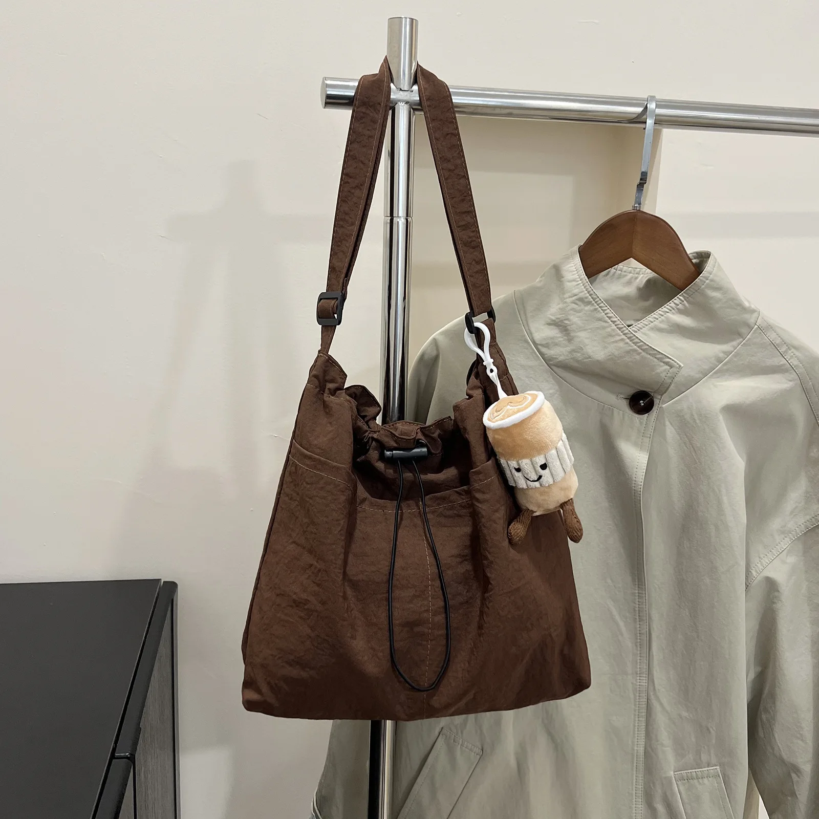 Washed Fabric Pleats Bucket Bag, Made Waterproof Nylon Drawstring Fold Cross Body Bags, Casual Versatile Shoulder Messenger Bag