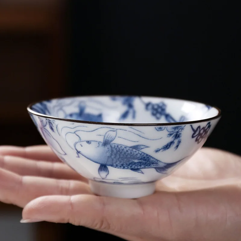 Hand-Painted Blue and White Porcelain Teacup Anti Scaling Ceramic Small Tea Bowl Travel Meditation Mugs Tea Set Chazhan 1 PCS