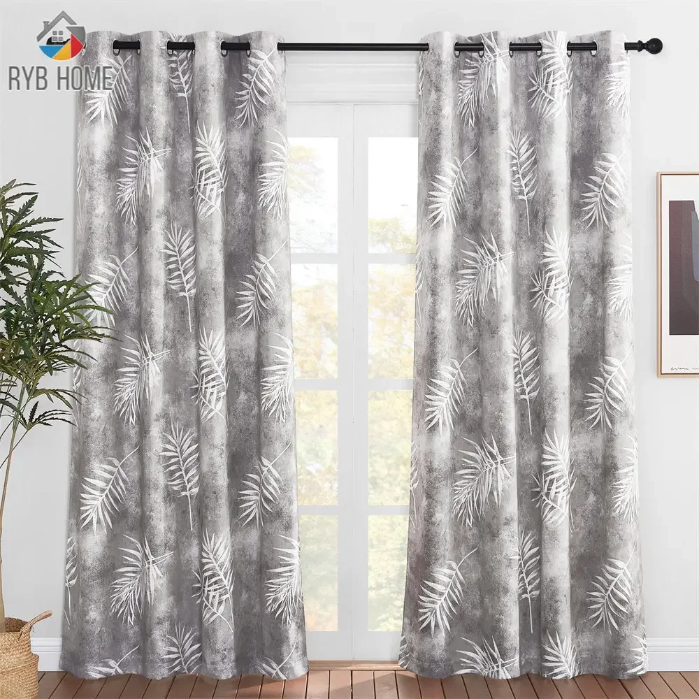 

RYB HOME 1PC Blackout Curtains Leaves on Gray Bottom Living Room Modern Curtains Bedroom Curtains Backdrop