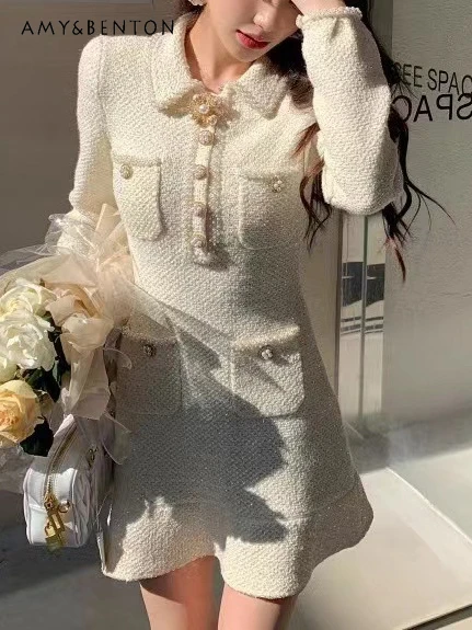 

High-Grade Elegant Socialite Tweed Dress for Women Winter New Diamond-Embedded Bead Long Sleeve Slim Fit Elegant Knit Dresses