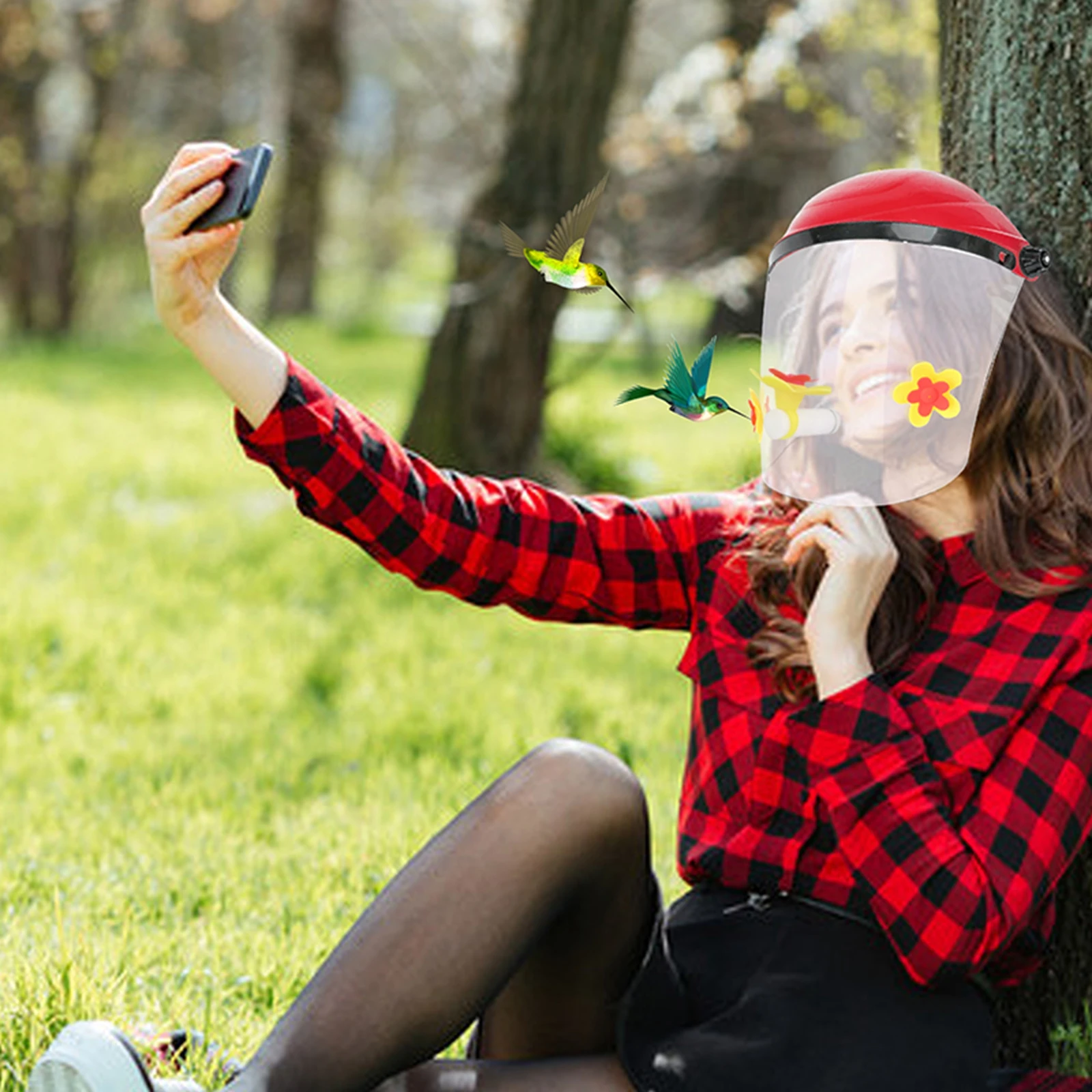 Wearable Hummingbird Feeder Hat Face Cover Hummingbird Feeder for Garden Yard Patio 3 Flowers Hat Adjustable Headband