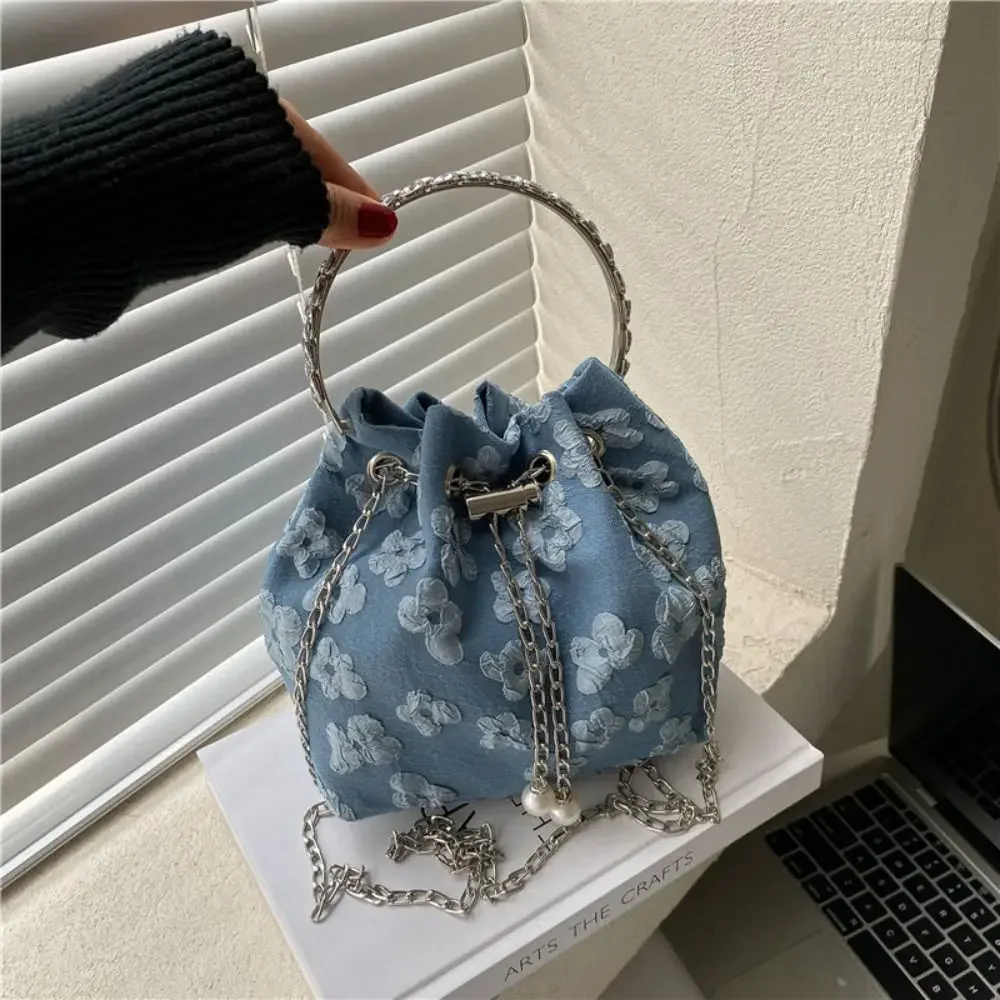 Floral Pleated Bucket Bag Women's Adjustable Chain Strap Drawstring Crossbody Shoulder Bag Multi-Way Carry Casual Purse Handbag