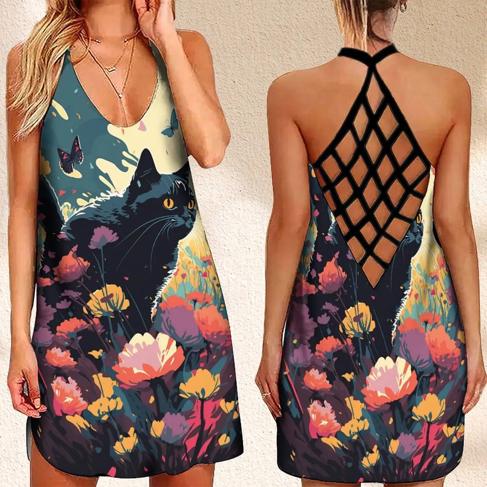 

Summer Women's Criss Cross Backless Sleeveless Dress Vintage Women's Summer Dress Cat Flower Print Women's Summer Dress