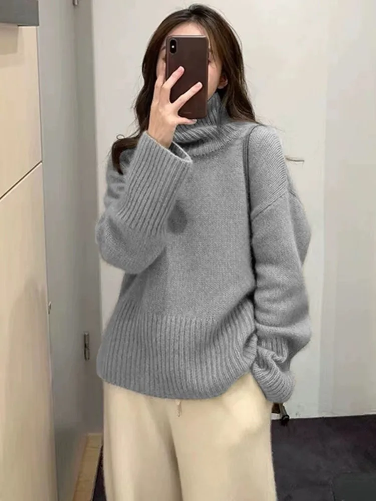 2024 Autumn/Winter New 100% Cashmere Wool Turtleneck Sweater Women's High Neck Knit Pullover Soft Comfortable Top Loose Jumper 6