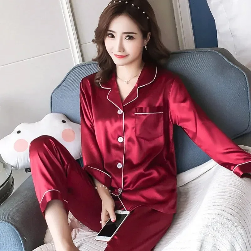 Ladies Pajamas Set Simulation Silk Long Sleeve Cardigan Pajamas Plus Size Girlfriends Homewear Set Women Pajama Suit