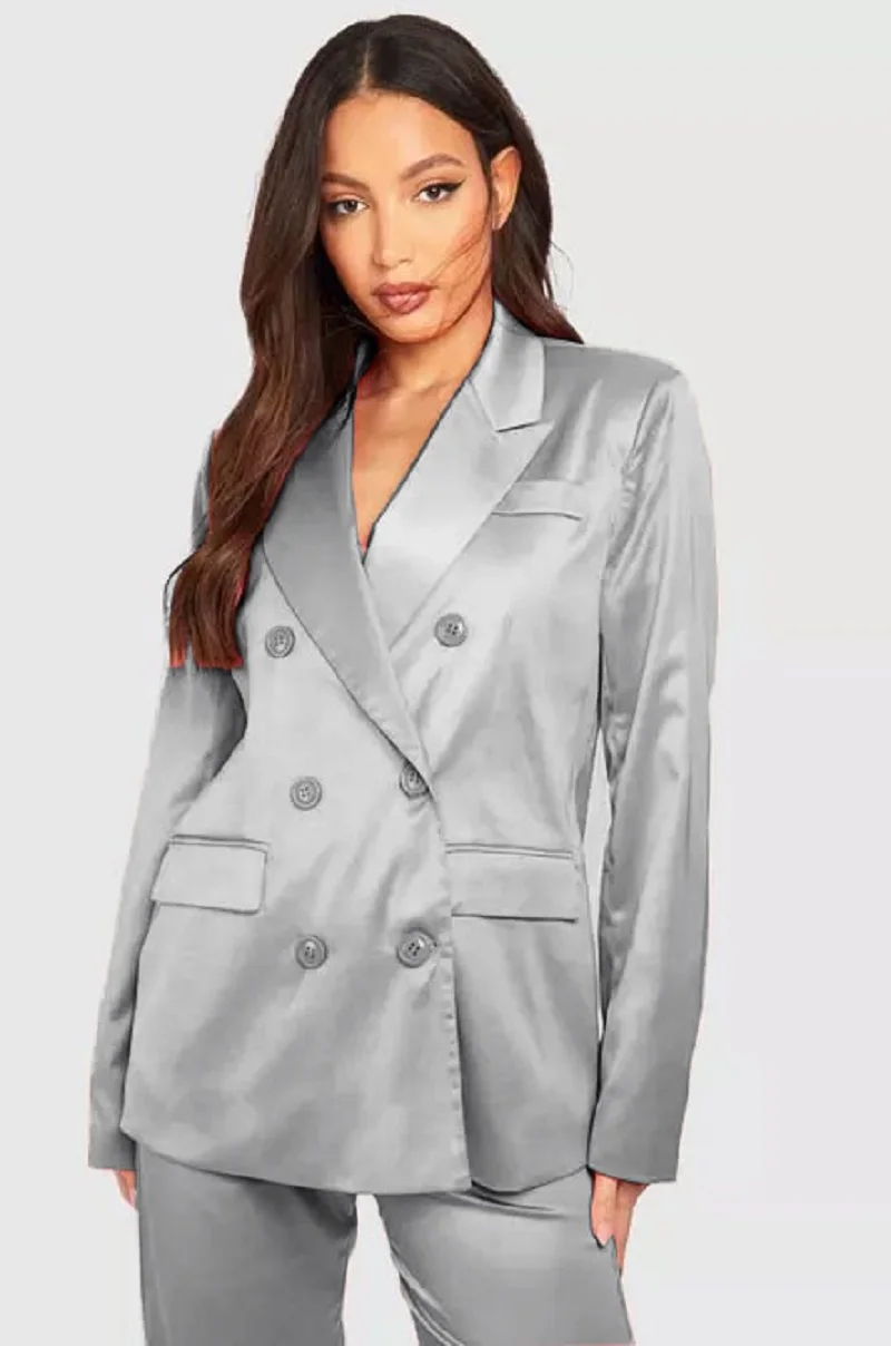 Women's Satin Double Breasted Two-piece Set Elegant 2-piece Sets for Women Fashion Women's Clothing 2024 Sets Suit Lady Pants