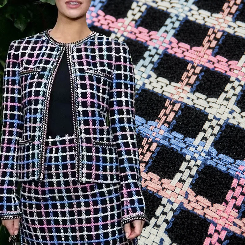 

Multicolor Line Black Plaid Cotton Tweed Fabric for Coat Telas Por Metro Tissus Au MÈTre Твид Ткань Sewing 트위드 Tecido ツイード Ткань